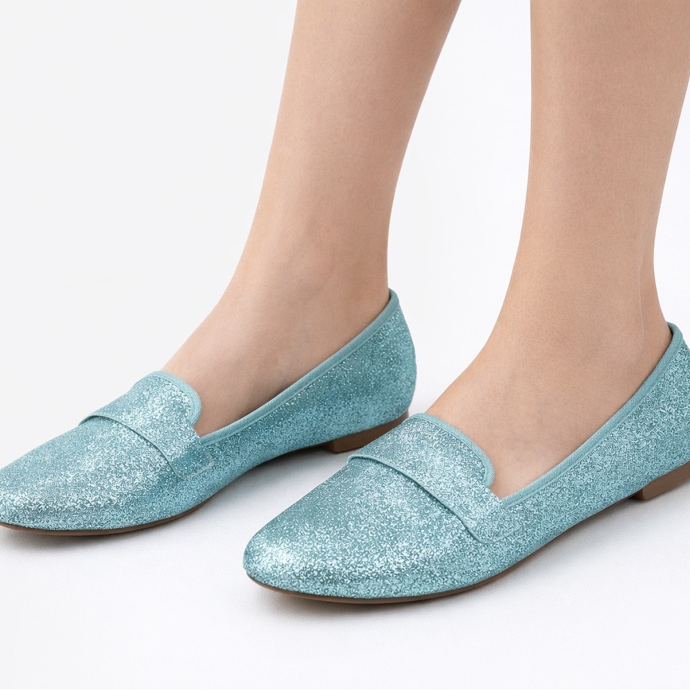 But Another Innocent Tale Aqua Blue Glitter Slip-On Loafers Women’s Size 9